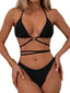 Women's Solid Color Metal Ring Long Strap Split Bikini Swimsuit Set